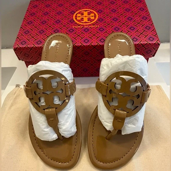 Tory Burch Miller Patent Leather Thong Sandals Brown 7 NEW - Picture 4 of 6